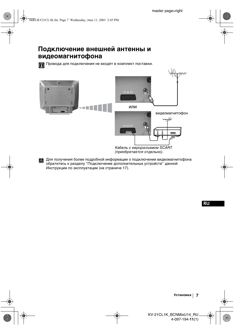Подключение внешней антенны и видеомагнитофона | Sony KV-21CL1K User Manual | Page 97 / 128