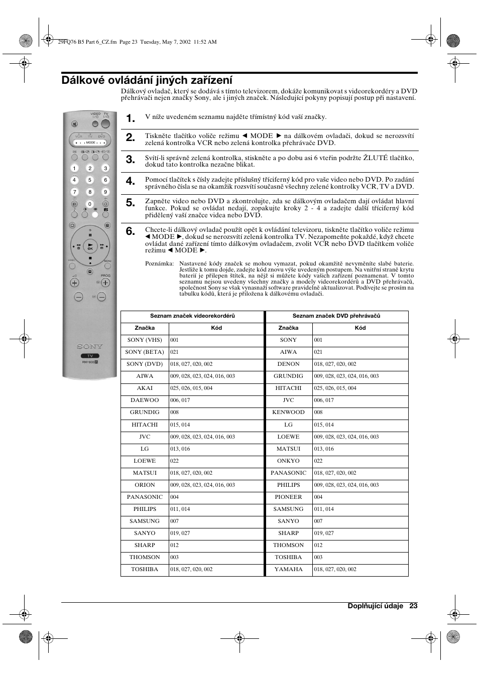 Dálkové ovládání jiných zařízení | Sony WEGA KV-29FQ76 K User Manual | Page 49 / 148
