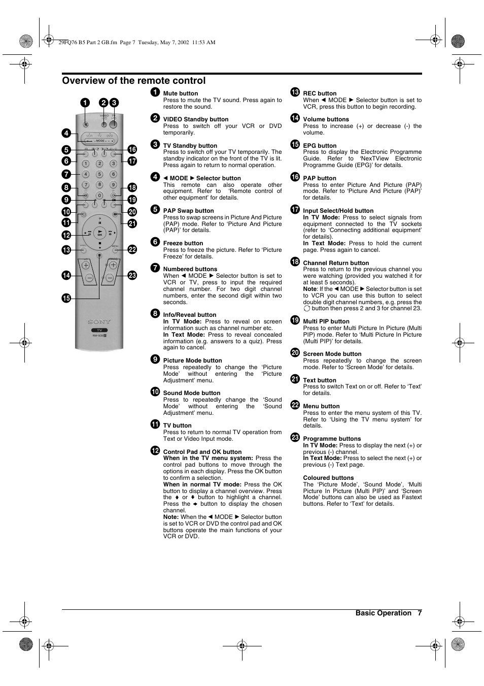 Overview of the remote control 1 | Sony WEGA KV-29FQ76 K User Manual | Page 57 / 148