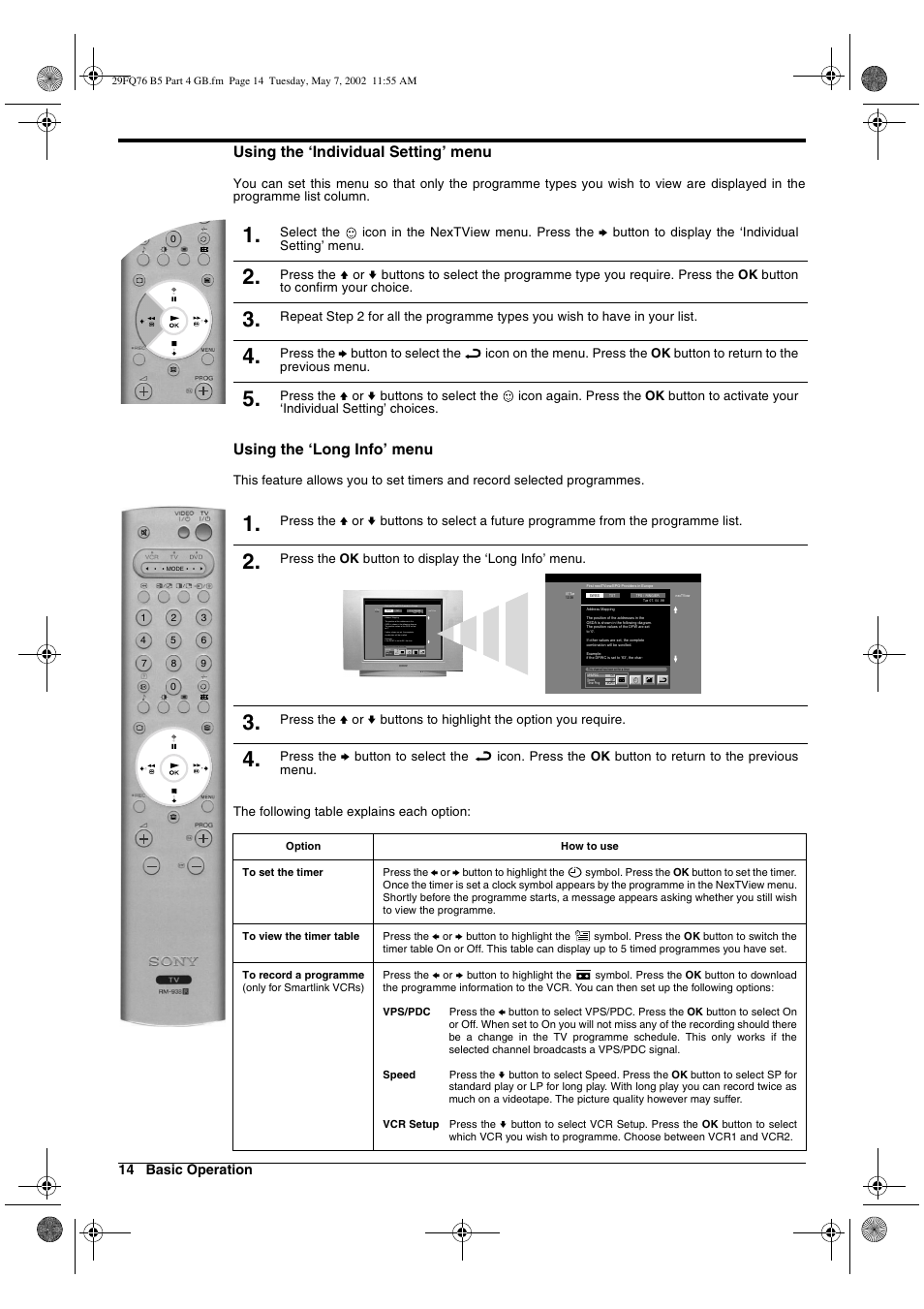 Using the ‘individual setting’ menu, Using the ‘long info’ menu | Sony WEGA KV-29FQ76 K User Manual | Page 64 / 148