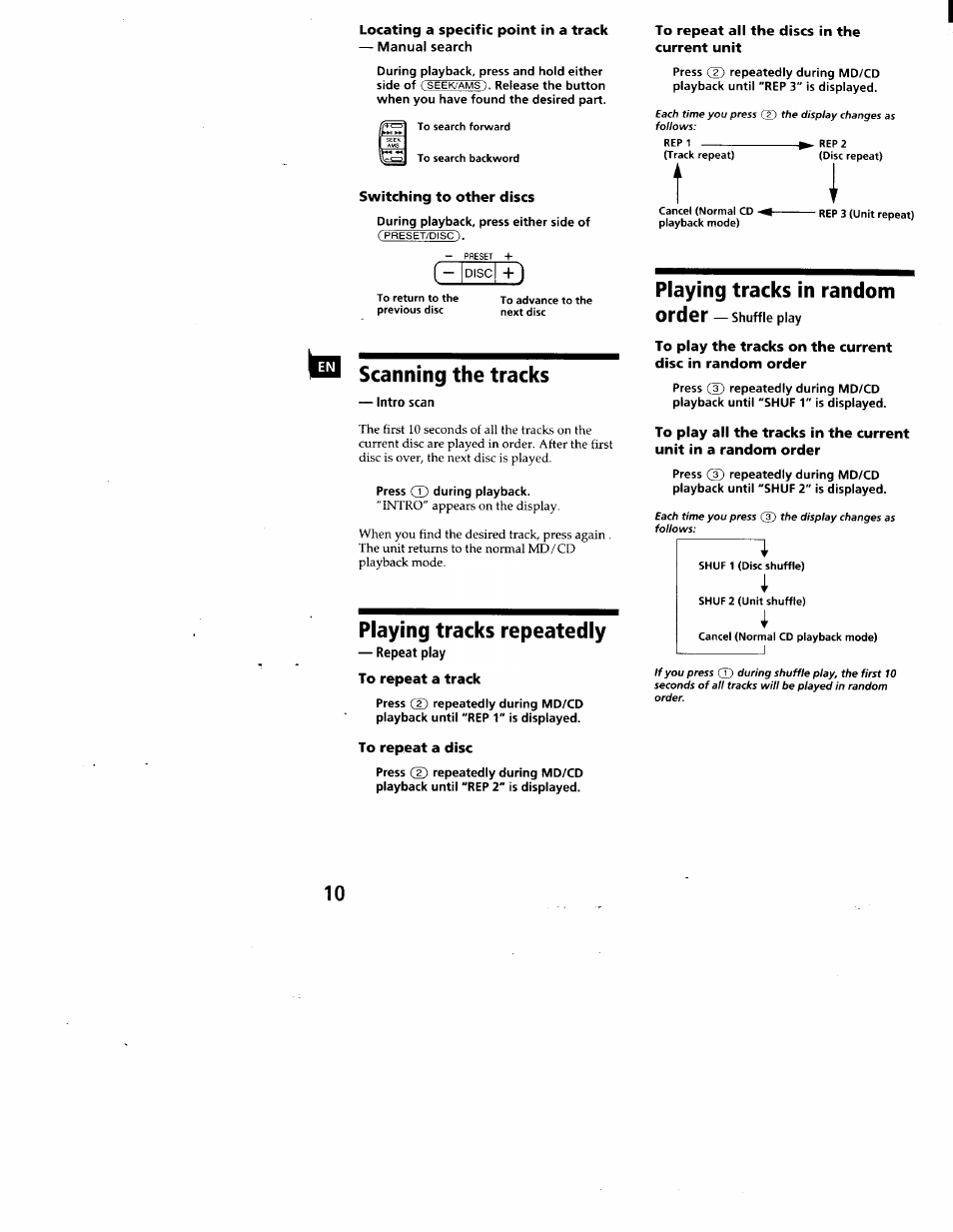 Locating a specific point in a track, Manual search, To repeat all the discs in the current unit | Switching to other discs, Scanning the tracks, Intro scan, Playing tracks repeatedly, Repeat play, To repeat a track, To repeat a disc | Sony FM/AM CASSETTE CAR STEREO XR-C5100 User Manual | Page 10 / 17