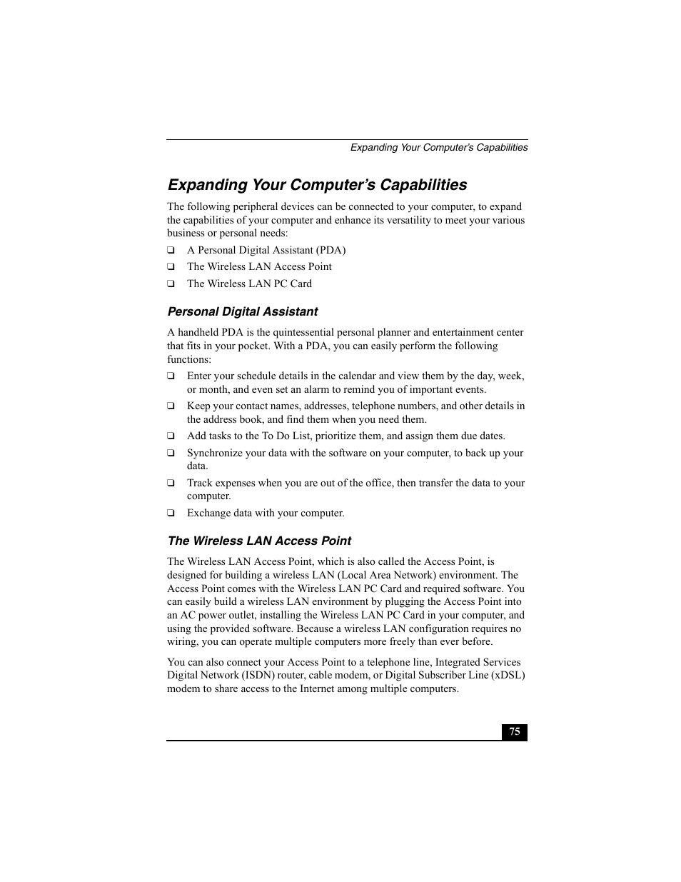 Expanding your computer’s capabilities, Personal digital assistant, The wireless lan access point | Sony VAIO Viao PictureBook Computer User Manual | Page 75 / 146