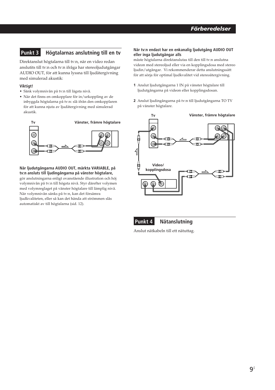 Förberedelser, Punkt 4 nätanslutning, Punkt 3 högtalarnas anslutning till en tv | Anslut nätkabeln till ett nätuttag | Sony SA-VA10 User Manual | Page 100 / 123