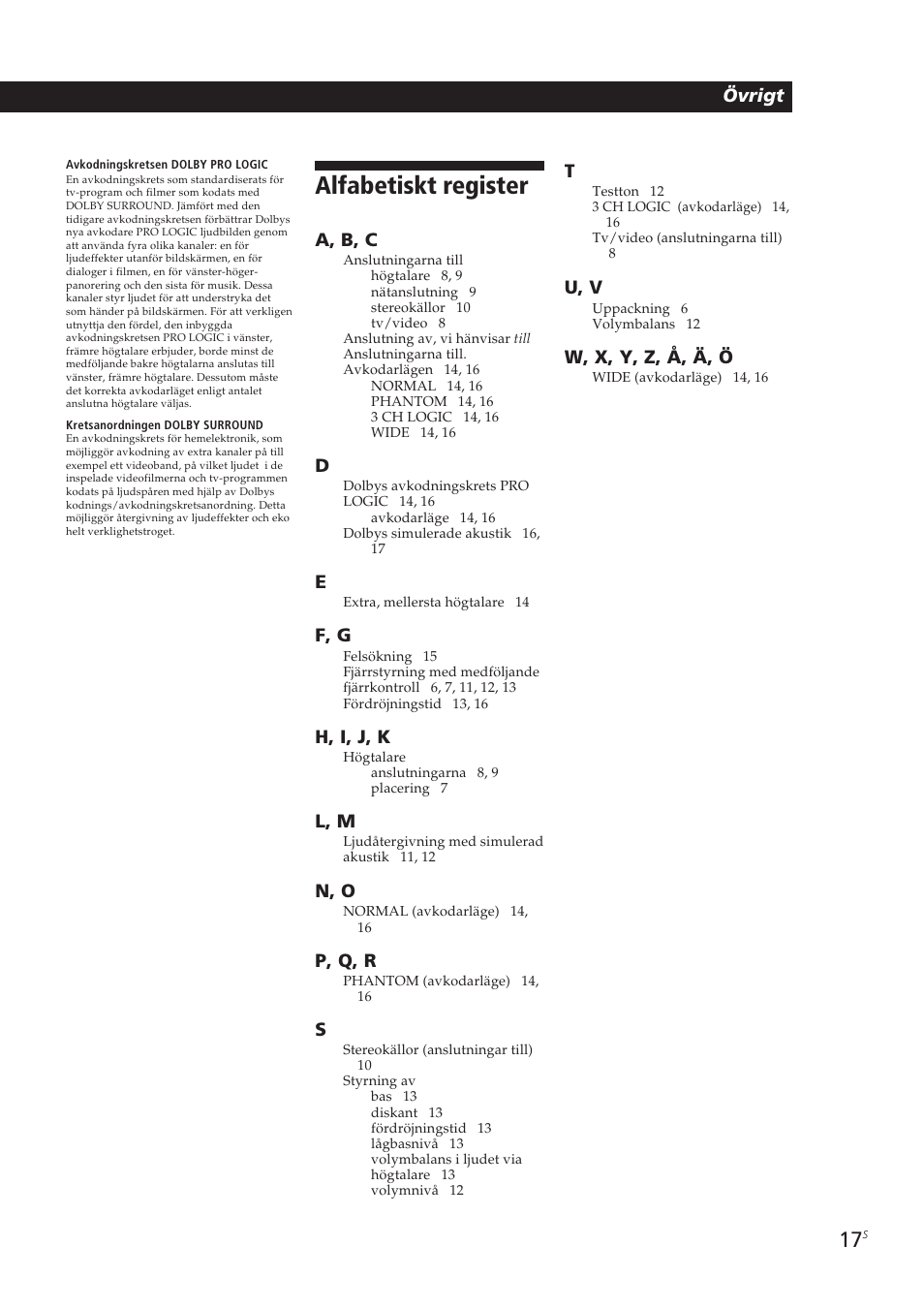 Alfabetiskt register | Sony SA-VA10 User Manual | Page 108 / 123