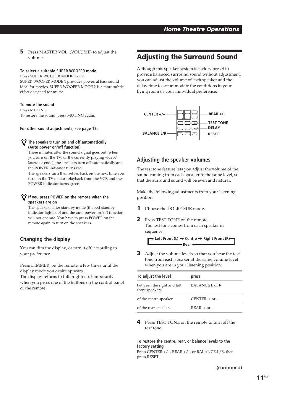 Adjusting the surround sound, Adjusting the speaker volumes, Changing the display | Home theatre operations | Sony SA-VA10 User Manual | Page 11 / 123