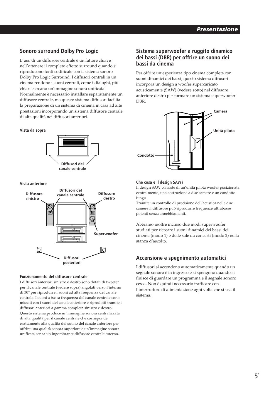 Presentazione sonoro surround dolby pro logic, Accensione e spegnimento automatici | Sony SA-VA10 User Manual | Page 112 / 123