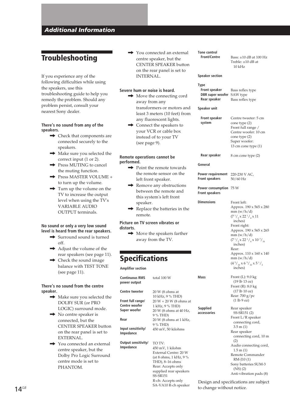 Troubleshooting, Specifications, Additional information | Sony SA-VA10 User Manual | Page 14 / 123