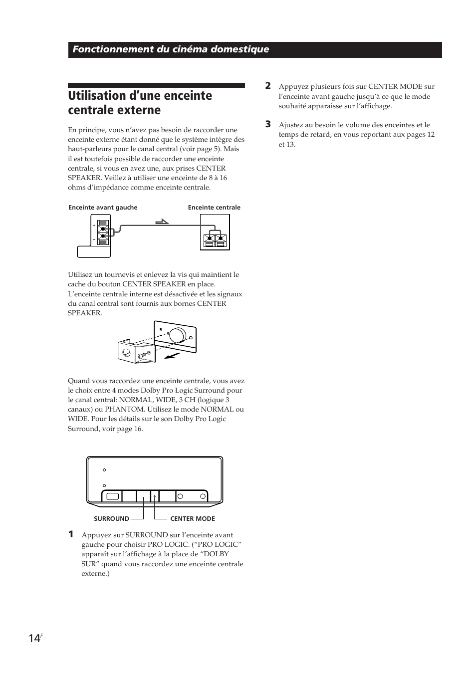 Utilisation d’une enceinte centrale externe, Fonctionnement du cinéma domestique | Sony SA-VA10 User Manual | Page 28 / 123