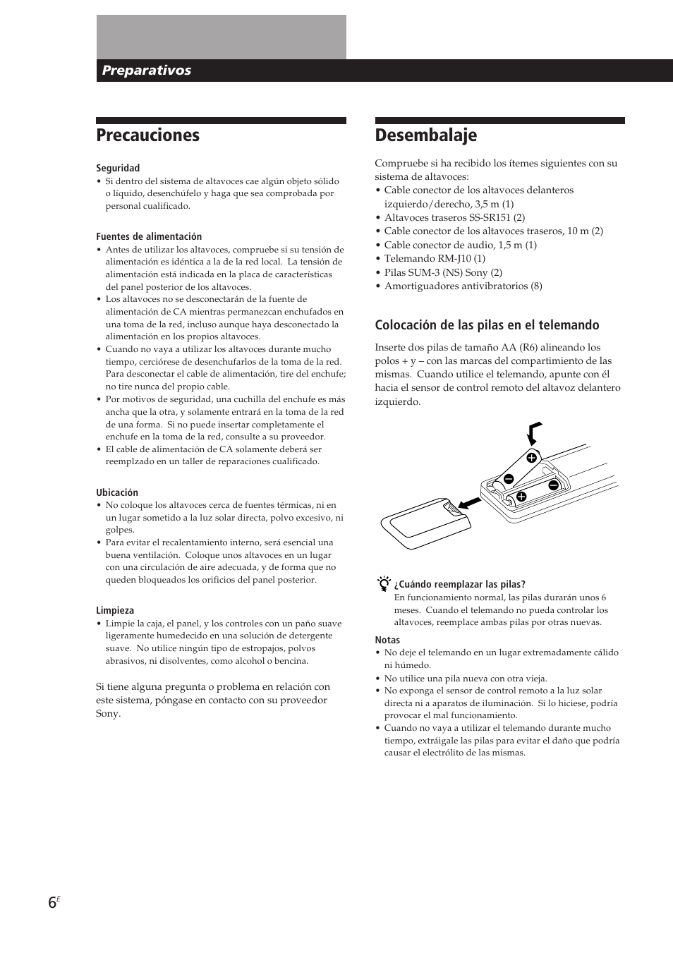 Desembalaje, Precauciones, Preparativos | Colocación de las pilas en el telemando | Sony SA-VA10 User Manual | Page 36 / 123