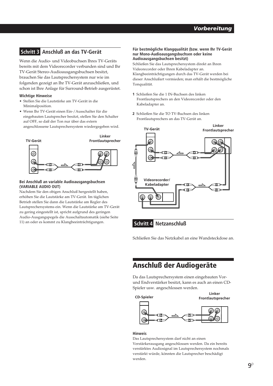 Anschluß der audiogeräte, Schritt 4 netzanschluß, Vorbereitung schritt 3 anschluß an das tv-gerät | Sony SA-VA10 User Manual | Page 70 / 123