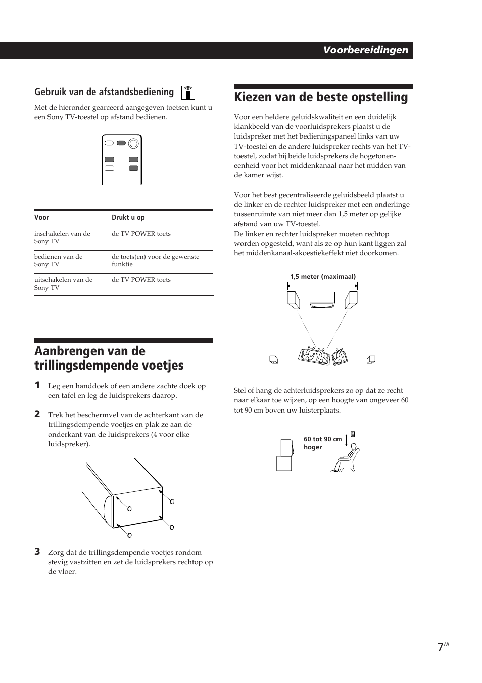 Kiezen van de beste opstelling, Aanbrengen van de trillingsdempende voetjes, Voorbereidingen | Gebruik van de afstandsbediening | Sony SA-VA10 User Manual | Page 82 / 123