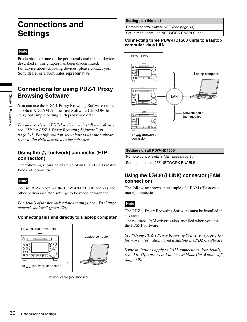 Connections and settings, Using the (network) connector (ftp connection), Using the s400 (i.link) connector (fam connection) | Sony XDCAM HD PDW-HD1500 User Manual | Page 30 / 158