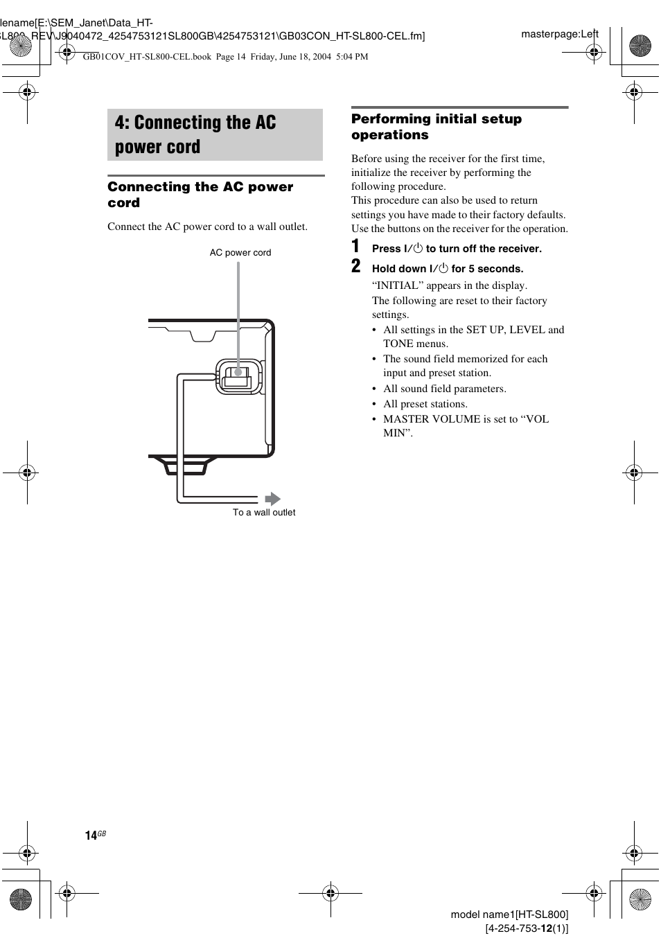 Connecting the ac power cord | Sony HT-SL600 User Manual | Page 14 / 44