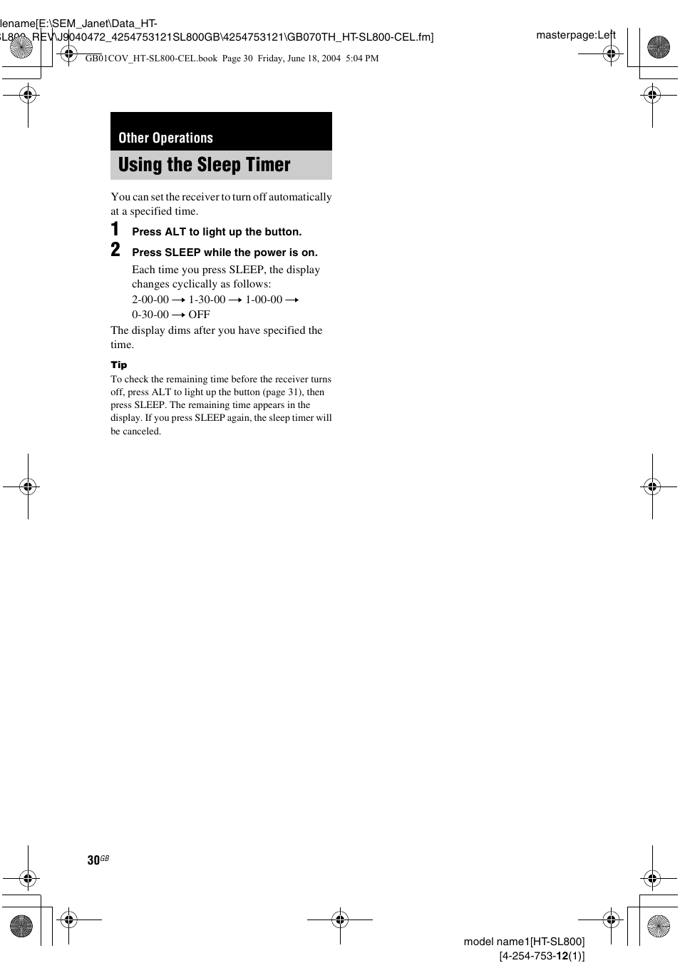 Other operations, Using the sleep timer | Sony HT-SL600 User Manual | Page 30 / 44