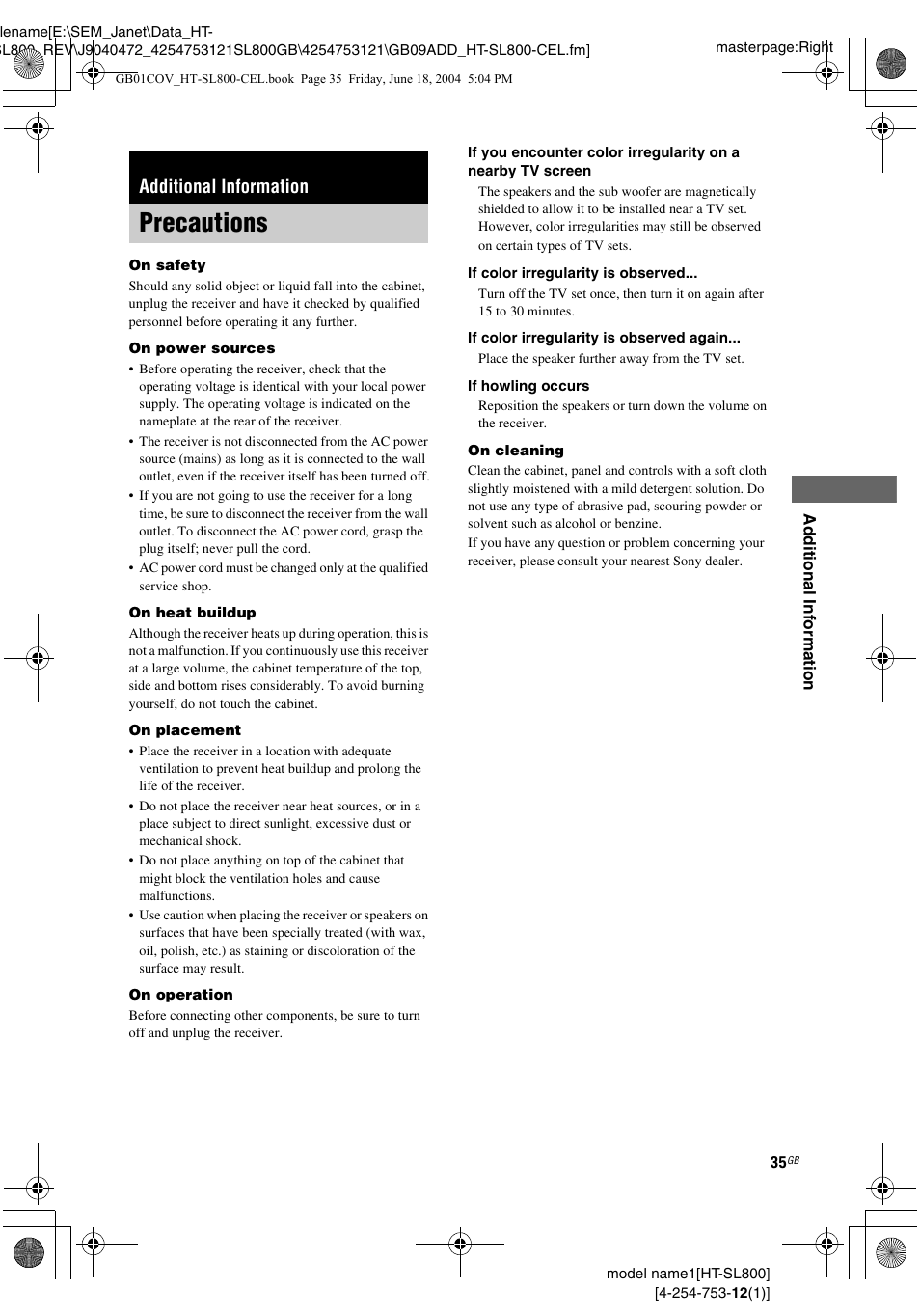 Additional information, Precautions | Sony HT-SL600 User Manual | Page 35 / 44