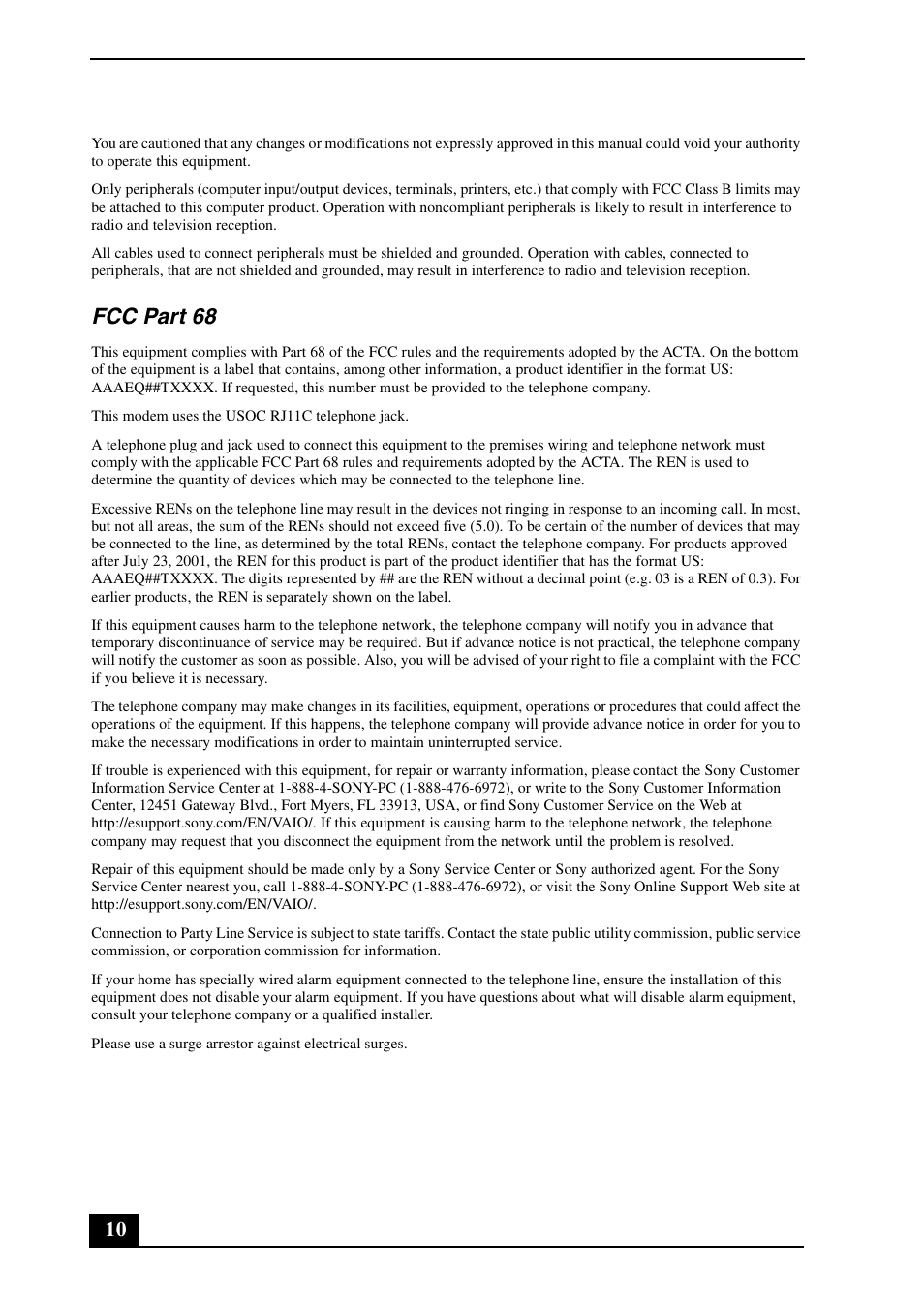 Fcc part 68 | Sony VGN-AR100 User Manual | Page 10 / 20