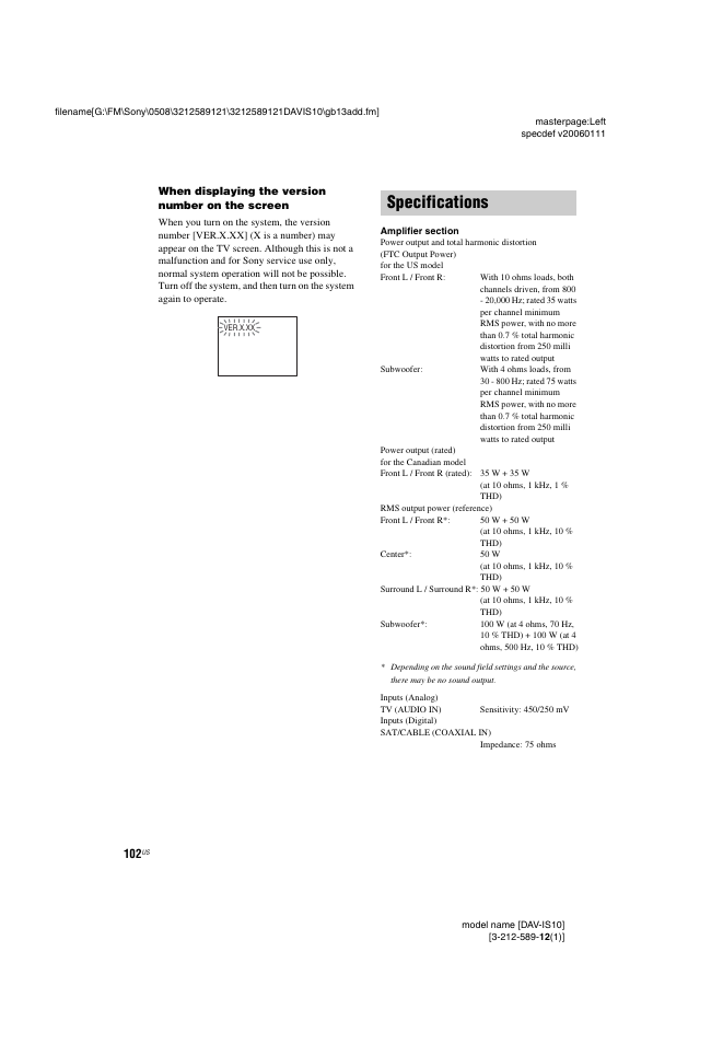 Specifications | Sony DAV-IS10 User Manual | Page 102 / 123