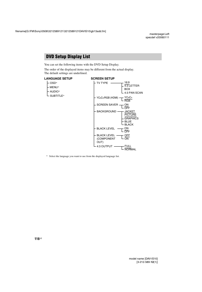 Dvd setup display list | Sony DAV-IS10 User Manual | Page 116 / 123
