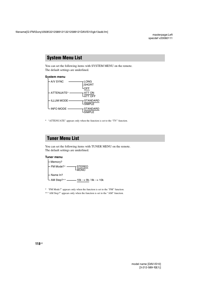 System menu list, Tuner menu list, System menu list tuner menu list | Sony DAV-IS10 User Manual | Page 118 / 123
