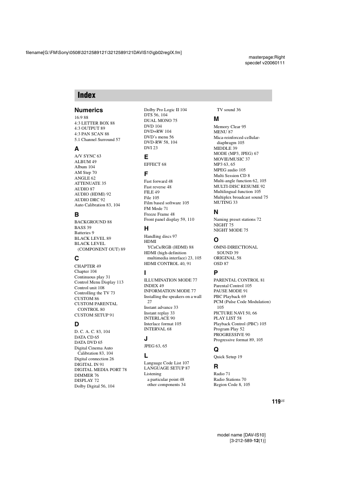 Index, Numerics | Sony DAV-IS10 User Manual | Page 119 / 123