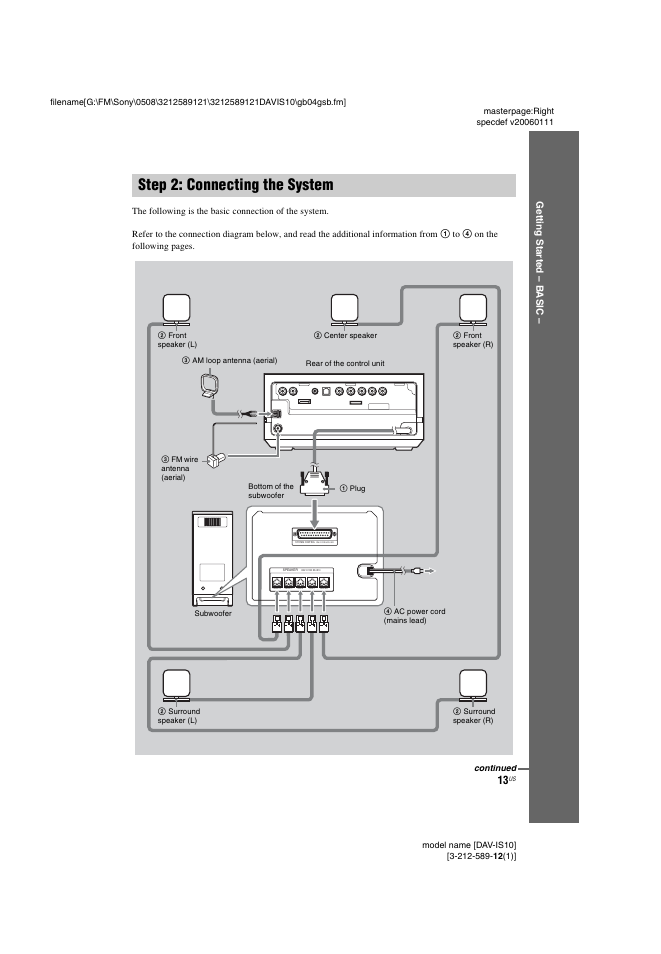 Step 2: connecting the system, Ge tting star te d – b a sic | Sony DAV-IS10 User Manual | Page 13 / 123