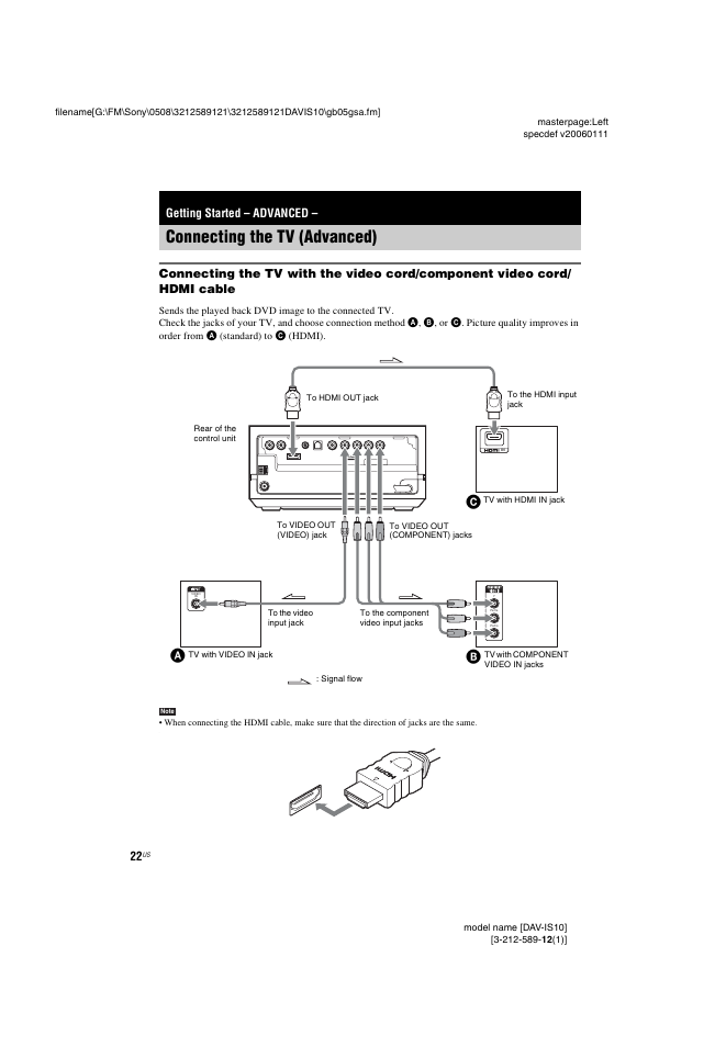 Getting started - advanced, Connecting the tv (advanced), Getting started – advanced | Ab c | Sony DAV-IS10 User Manual | Page 22 / 123