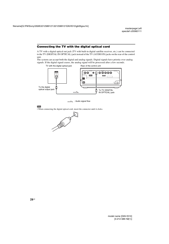 Connecting the tv with the digital optical cord | Sony DAV-IS10 User Manual | Page 24 / 123