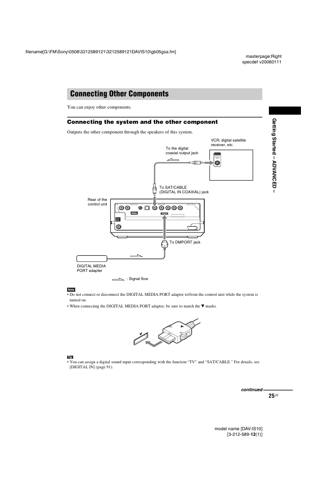 Connecting other components, Connecting the system and the other component | Sony DAV-IS10 User Manual | Page 25 / 123