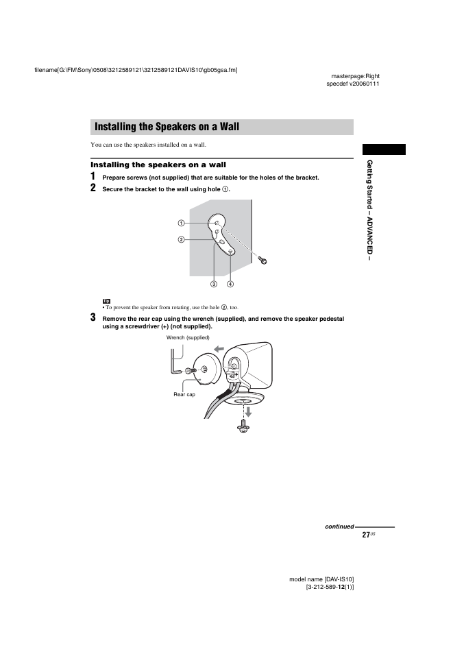 Installing the speakers on a wall | Sony DAV-IS10 User Manual | Page 27 / 123