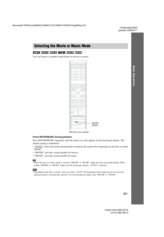 Selecting the movie or music mode | Sony DAV-IS10 User Manual | Page 37 / 123
