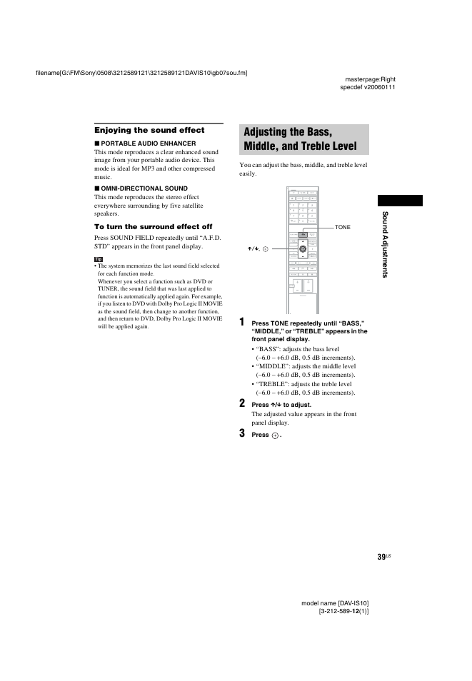 Enjoying the sound effect, Adjusting the bass, middle, and treble level, Adjusting the bass, middle, and treble | Level | Sony DAV-IS10 User Manual | Page 39 / 123