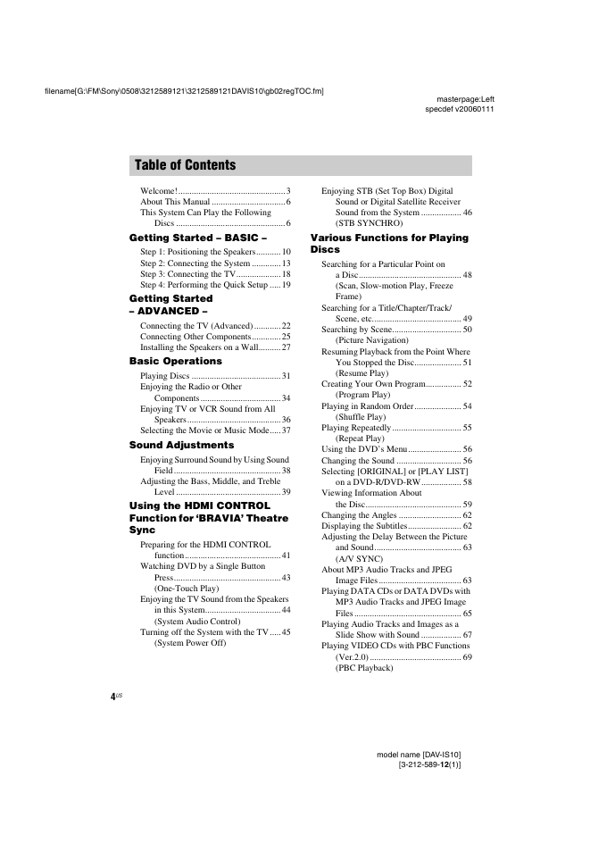 Sony DAV-IS10 User Manual | Page 4 / 123