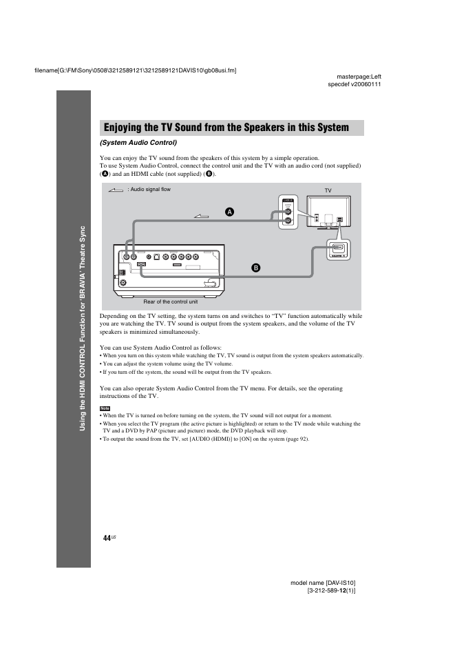 Enjoying the tv sound from the speakers, In this system (system audio control) | Sony DAV-IS10 User Manual | Page 44 / 123