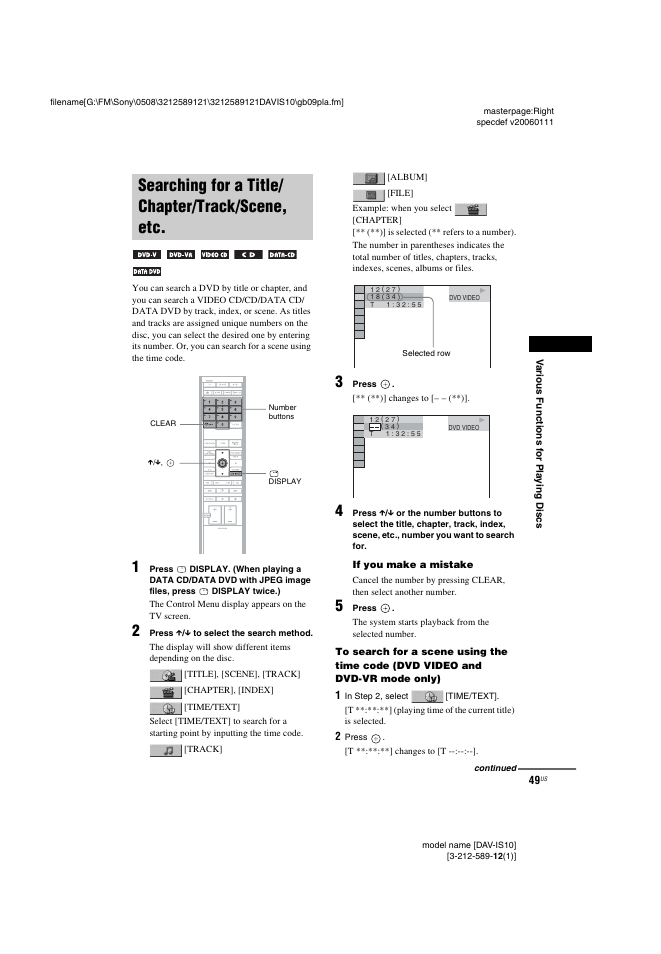 Searching for a title/ chapter/track/scene, etc, Searching for a title/chapter/track, Scene, etc | Sony DAV-IS10 User Manual | Page 49 / 123