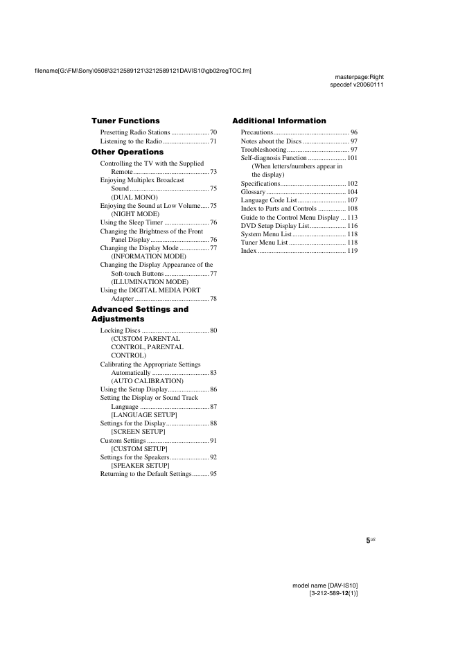 Sony DAV-IS10 User Manual | Page 5 / 123