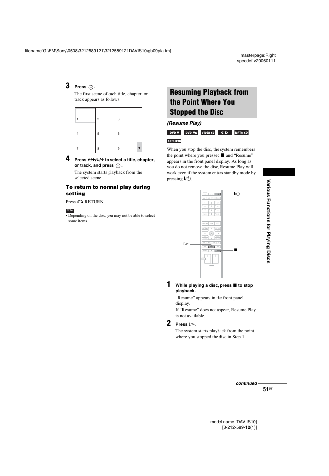 Resuming playback from the point where, You stopped the disc (resume play) | Sony DAV-IS10 User Manual | Page 51 / 123