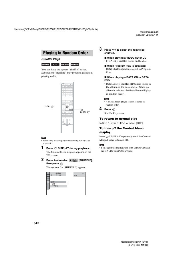 Playing in random order, Shuffle play) | Sony DAV-IS10 User Manual | Page 54 / 123