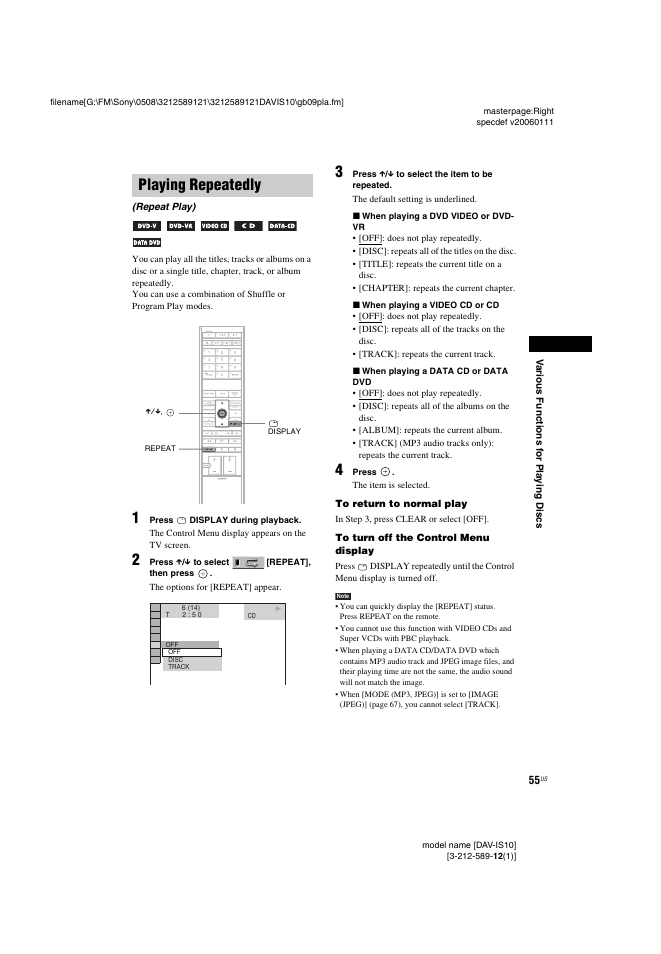 Playing repeatedly, Repeat play) | Sony DAV-IS10 User Manual | Page 55 / 123