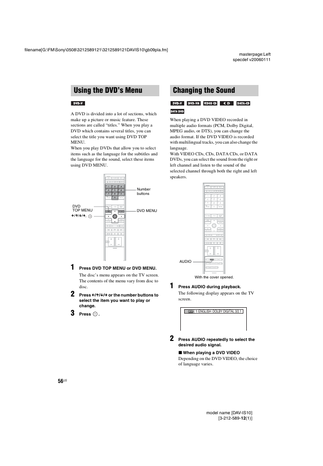 Using the dvd’s menu, Changing the sound, Using the dvd’s menu changing the sound | Sony DAV-IS10 User Manual | Page 56 / 123