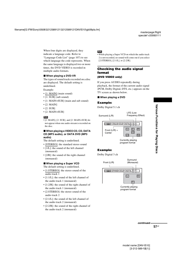 Checking the audio signal format | Sony DAV-IS10 User Manual | Page 57 / 123