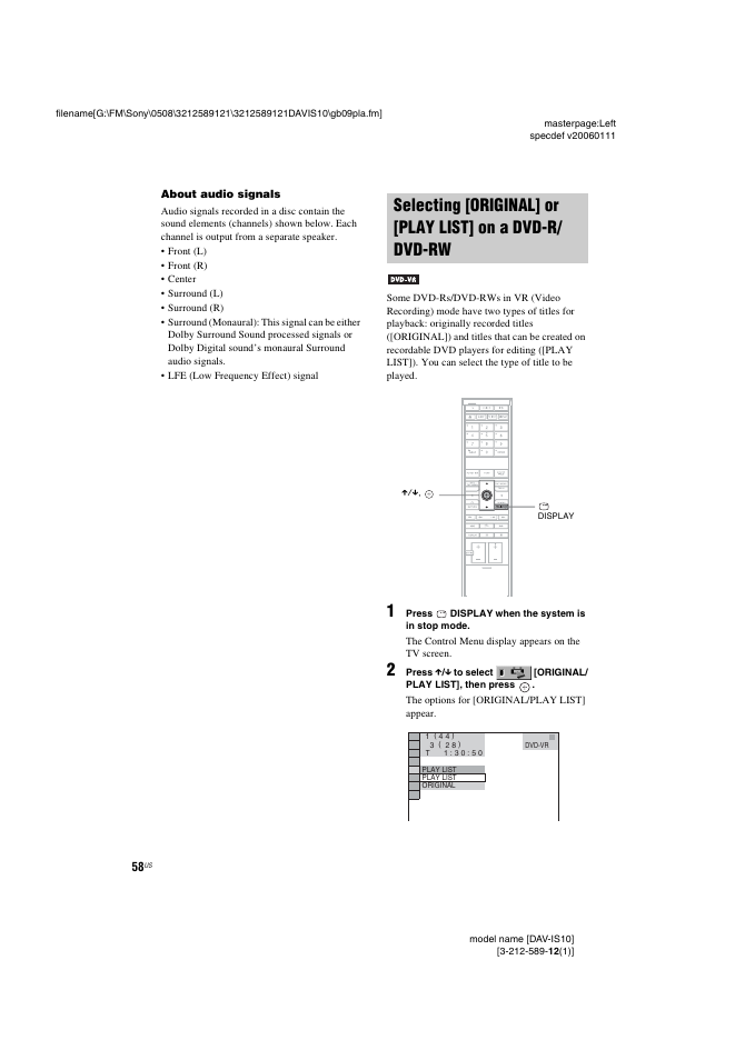 Selecting [original] or [play list, On a dvd-r/dvd-rw | Sony DAV-IS10 User Manual | Page 58 / 123