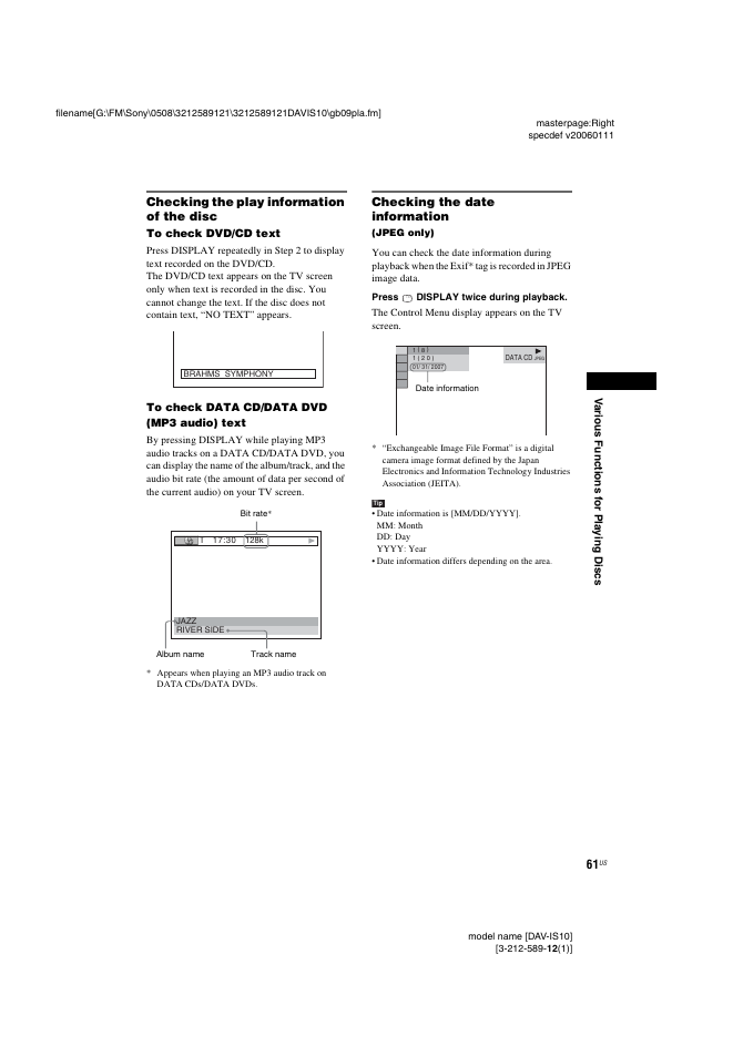 Checking the play information of the disc, Checking the date information | Sony DAV-IS10 User Manual | Page 61 / 123