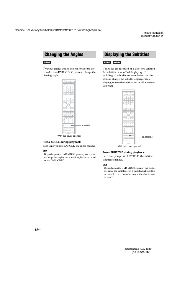 Changing the angles, Displaying the subtitles, Changing the angles displaying the subtitles | Sony DAV-IS10 User Manual | Page 62 / 123