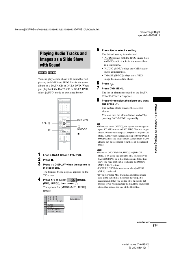 Playing audio tracks and images as a, Slide show with sound | Sony DAV-IS10 User Manual | Page 67 / 123