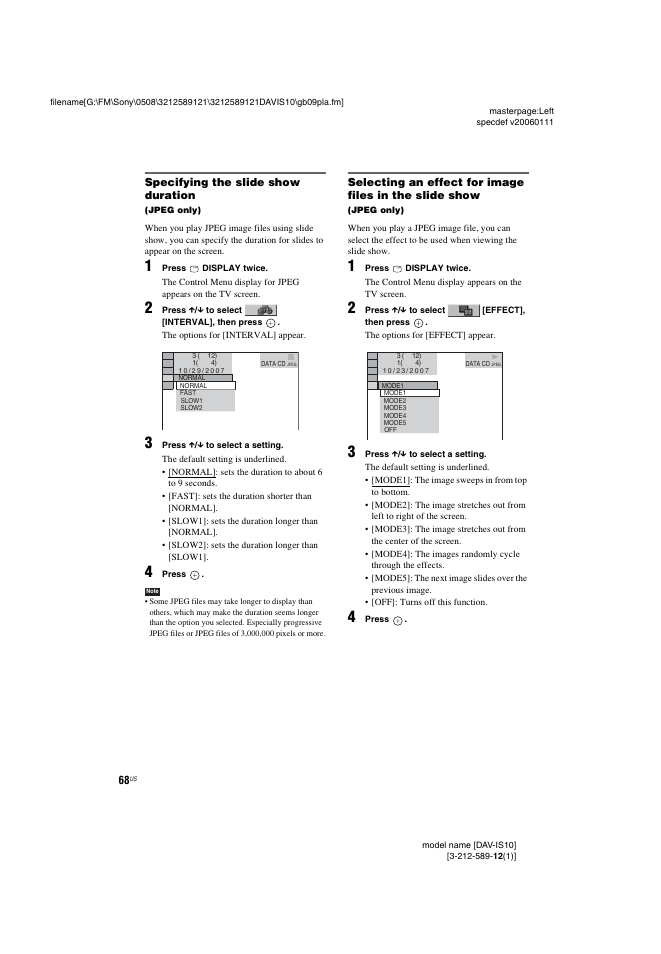 Specifying the slide show duration | Sony DAV-IS10 User Manual | Page 68 / 123