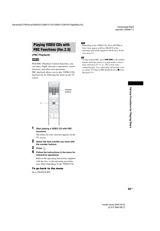 Playing video cds with pbc functions (ver.2.0), Playing video cds with pbc functions, Ver.2.0) (pbc playback) | Sony DAV-IS10 User Manual | Page 69 / 123