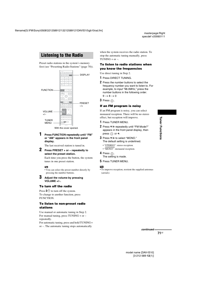 Listening to the radio | Sony DAV-IS10 User Manual | Page 71 / 123