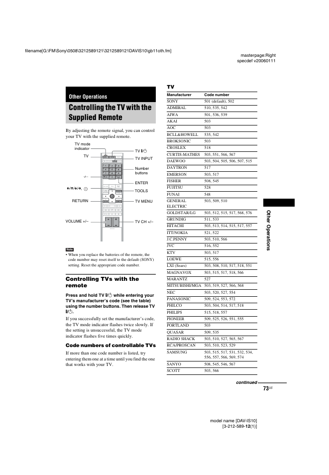 Other operations, Controlling the tv with the supplied remote, Controlling tvs with the remote | Controlling the tv with the supplied, Remote | Sony DAV-IS10 User Manual | Page 73 / 123