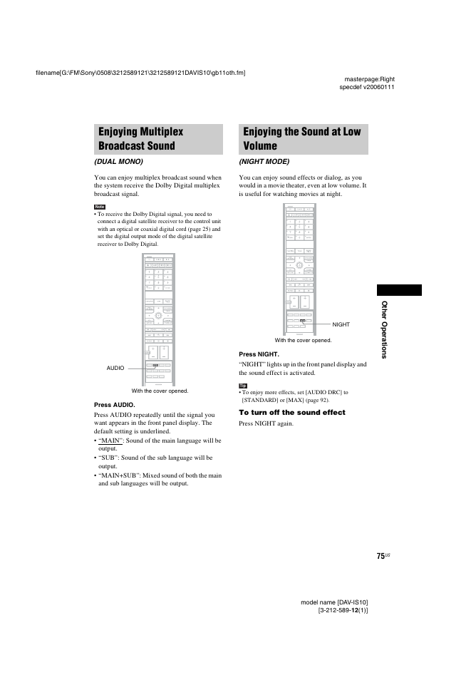 Enjoying multiplex broadcast sound, Enjoying the sound at low volume, Enjoying multiplex broadcast | Sound (dual mono), Night mode) | Sony DAV-IS10 User Manual | Page 75 / 123