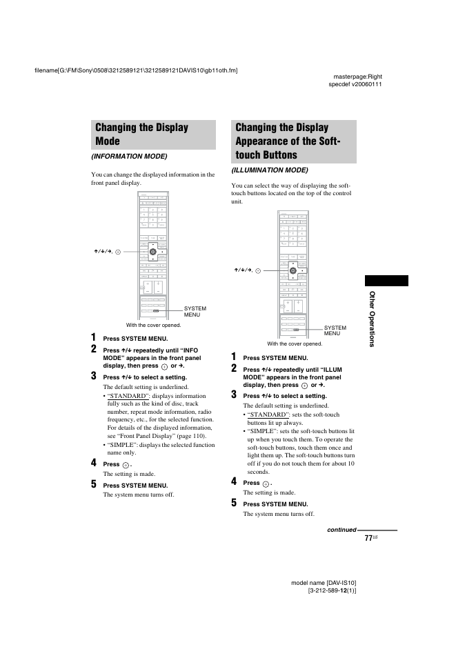 Changing the display mode, Information mode), Changing the display appearance of the | Soft-touch buttons (illumination mode) | Sony DAV-IS10 User Manual | Page 77 / 123
